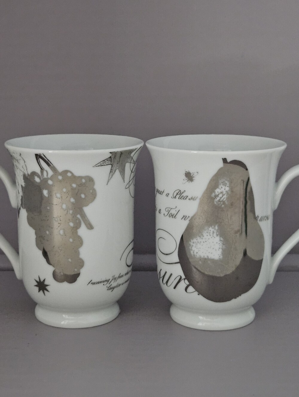 Pottery Barn Cups White Porcelain Fruit Pattern Mug - Silver Accent Set of 2 CA